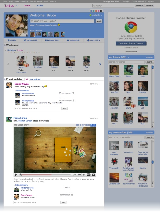 Uma das novidades é que o orkut agora concentra suas principais ações na sua página inicial: bate-papo, vídeo e pesquisa