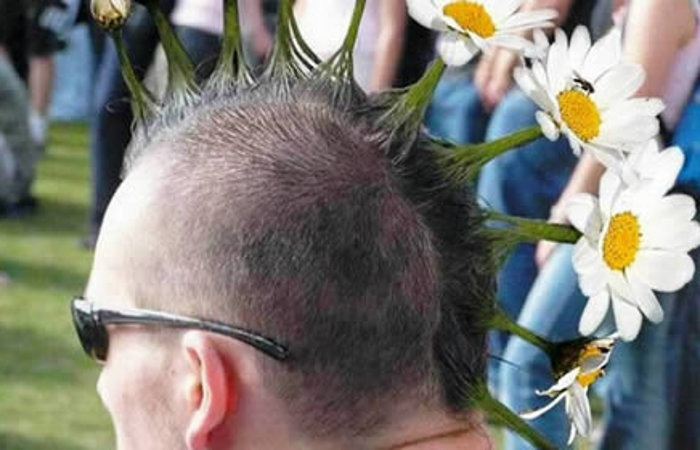 Um corte punk primaveril, botânico. A flora na cabeça estilosa