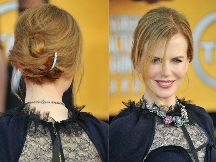 Nicole Kidman participou de um evento chique e usou um coque estilizado. Para dar ao visual um pouco mais de glamour, ela usou um grampinho com brilho