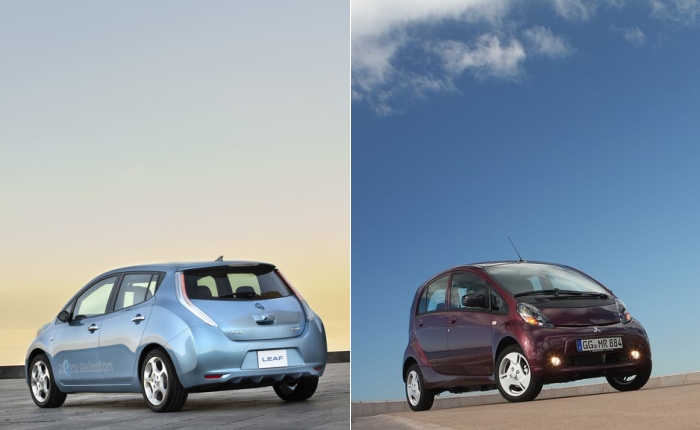 No Brasil, Nissan Leaf e Mitsubishi MiEV só existem como carros de exibição (Divulgação) Leaf MiEV montagem G