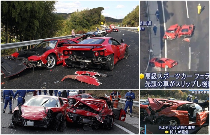 Montagem/Reprodução/ANN News/AFP Chamado na época de "acidente mais caro do mundo", o engavetamento de oito Ferraris (e um Lamborghini e quatro Mercedes) no Japão provocou mais um prejuízo...