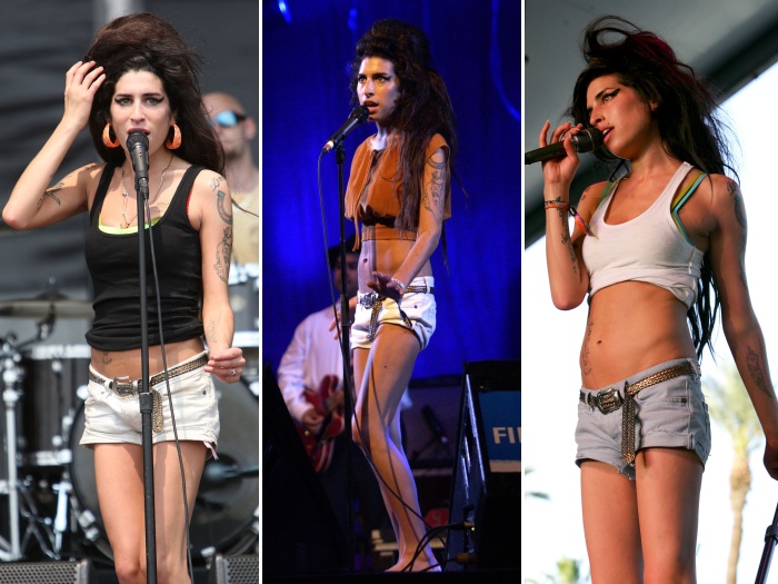 Os shortinhos também faziam parte do guarda-roupa da cantora. Amy apareceu em muitos shows exibindo o corpo esbelto com o short curtinho e a miniblusa. Par...