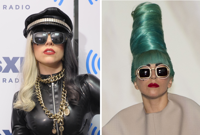 Eis a mãe das cantora de cabelos coloridos. Nesta foto, as duas mais recentes invenções de Lady Gaga: cabelo verde com coque gigantesco e dupla cor - cinza...