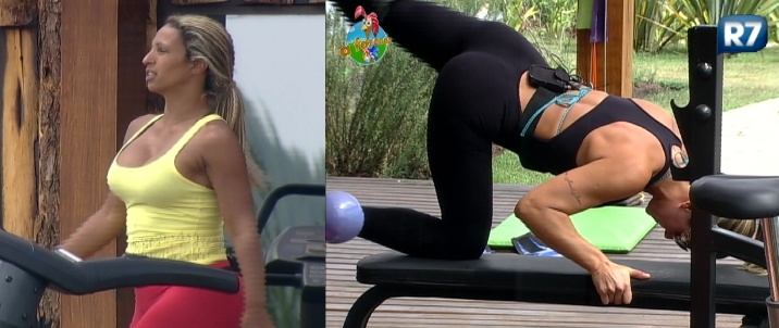 Montagem/R7 Para conseguir o corpão que exibem na TV, Valesca Popozuda, Dani Bolina e Joana pegam pesado na malhação, mesmo nos momentos de folga em A Fazenda (Record)...