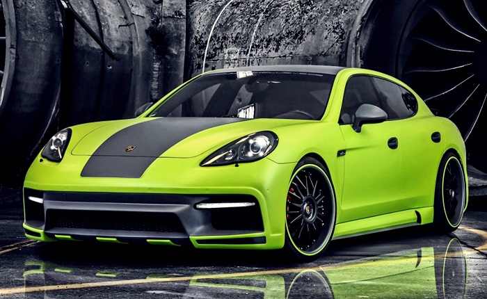 16) Regula Porsche Panamera — É um dos modelos mais chamativos da lista, com sua pintura verde-florescente. Este Porsche Panamera recebeu para-choques modi...