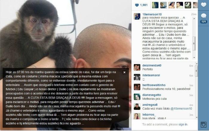 O jogador possui uma relação de muito amor e afeto com a sua macaquinha (Reprodução/Instagram) Emerson - Instagram